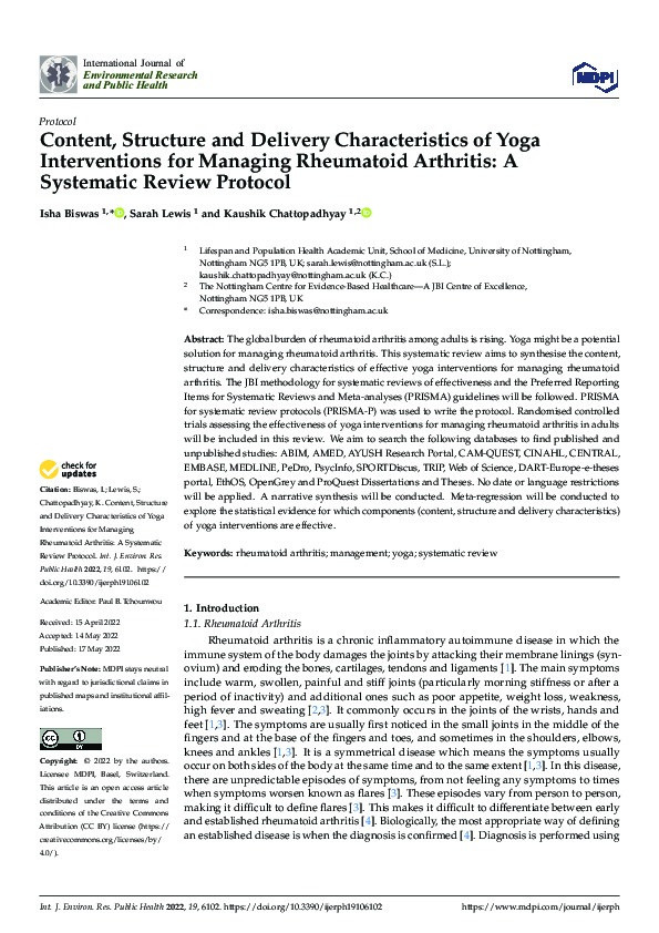 Content, Structure and Delivery Characteristics of Yoga Interventions for Managing Rheumatoid Arthritis: A Systematic Review Protocol Thumbnail