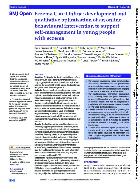 Eczema Care Online: development and qualitative optimisation of an online behavioural intervention to support self-management in young people with eczema Thumbnail