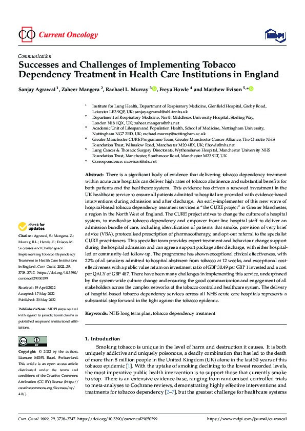 Successes and Challenges of Implementing Tobacco Dependency Treatment in Health Care Institutions in England Thumbnail