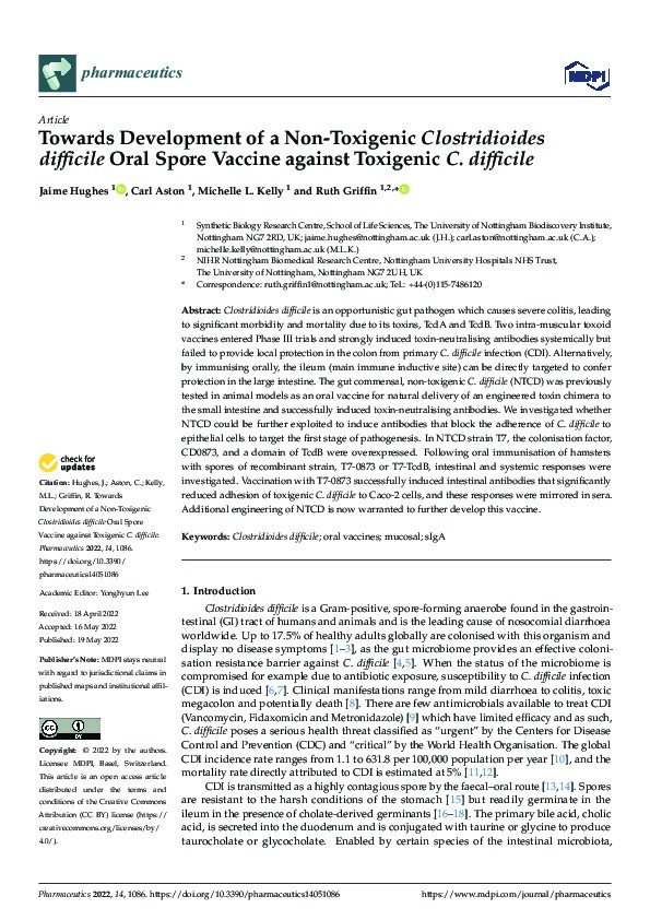 Towards Development of a Non-Toxigenic Clostridioides difficile Oral Spore Vaccine against Toxigenic C. difficile Thumbnail