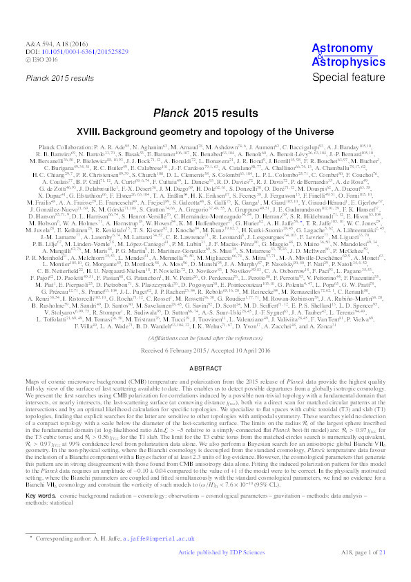 Planck 2015 results. XVIII. Background geometry and topology of the Universe Thumbnail