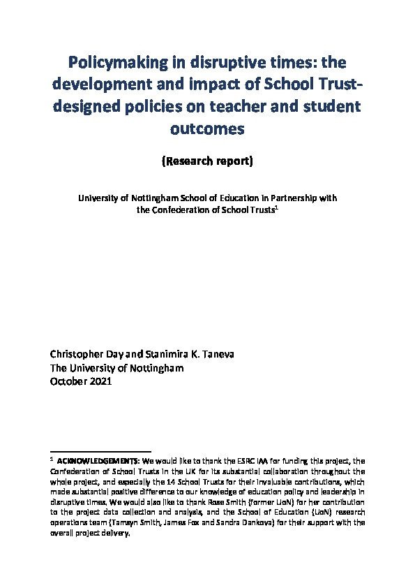 Policymaking in disruptive times: the development and impact of School Trust-designed policies on teacher and student outcomes Thumbnail