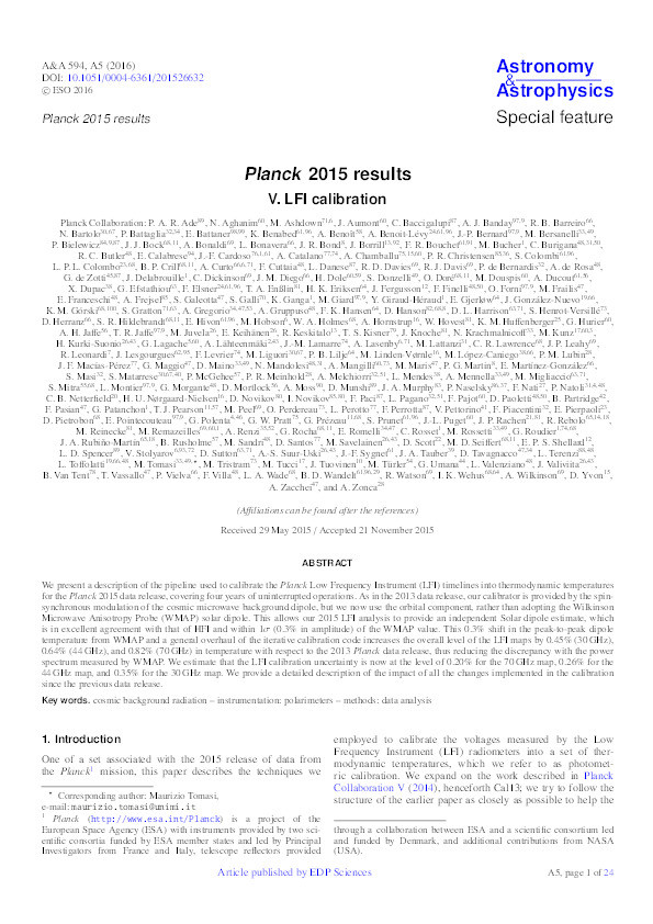 Planck 2015 results. V. LFI calibration Thumbnail