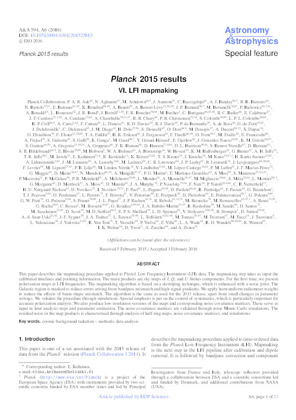 Planck 2015 results: VI. LFI mapmaking Thumbnail