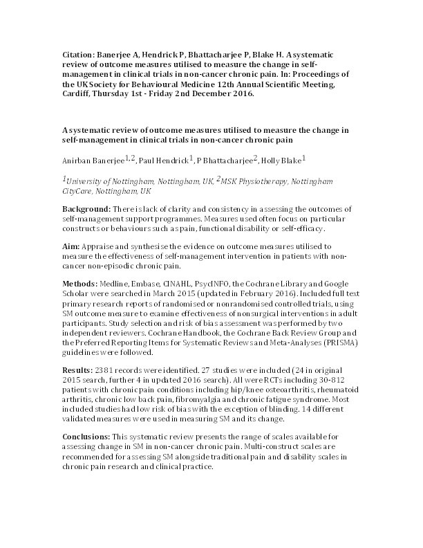 A systematic review of outcome measures utilised to measure the change in self-management in clinical trials in non-cancer chronic pain Thumbnail