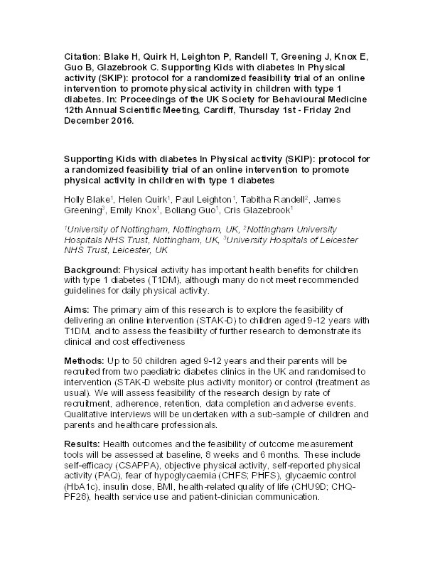 Supporting Kids with diabetes In Physical activity (SKIP): protocol for a randomized feasibility trial of an online intervention to promote physical activity in children with type 1 diabetes Thumbnail