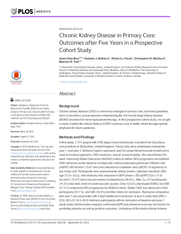 Chronic kidney disease in primary care: outcomes after five years in a prospective cohort study Thumbnail