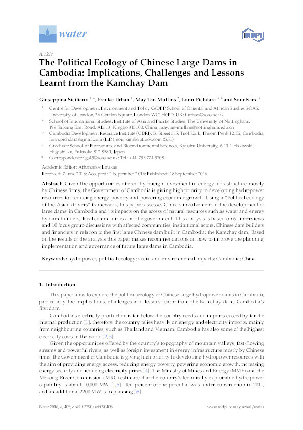 The political ecology of Chinese large dams in Cambodia: implications, challenges and lessons learnt from the Kamchay Dam Thumbnail