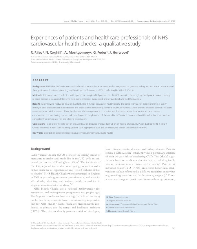 Experiences of patients and healthcare professionals of NHS cardiovascular health checks: a qualitative study Thumbnail