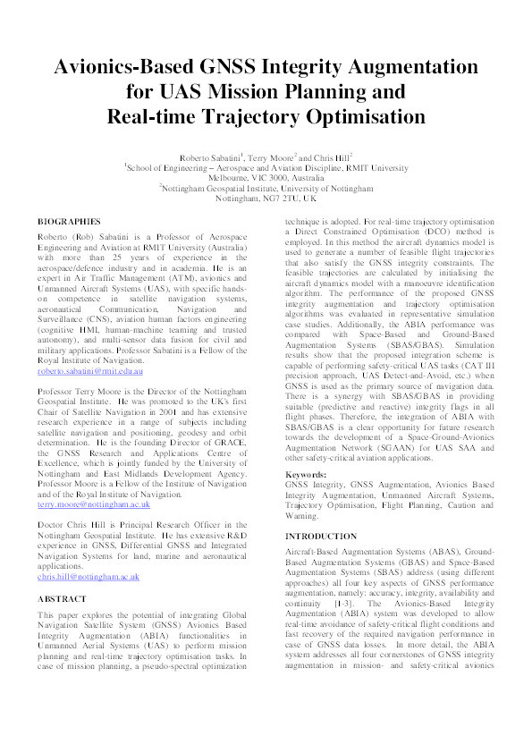 Avionics-Based GNSS Integrity Augmentation for UAS mission planning and real-time trajectory optimisation Thumbnail