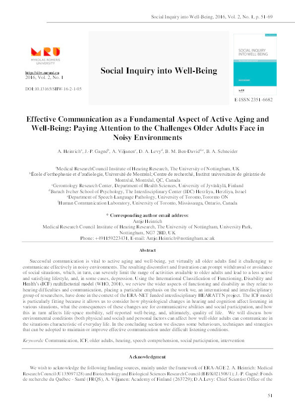 Effective communication as a fundamental aspect of active aging and well-being: paying attention to the challenges older adults face in noisy environments Thumbnail