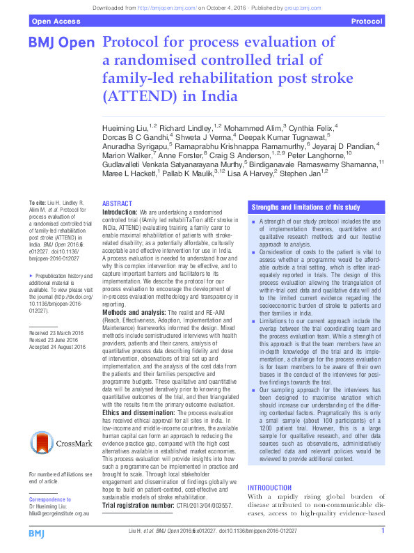 Protocol for process evaluation of a randomised controlled trial of family-led rehabilitation post stroke (ATTEND) in India Thumbnail