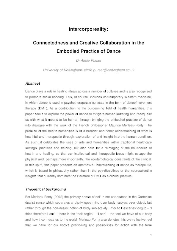 Intercorporeality: connectedness and creative collaboration in the embodied practice of dance Thumbnail