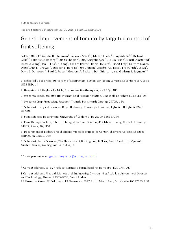 Genetic improvement of tomato by targeted control of fruit softening Thumbnail