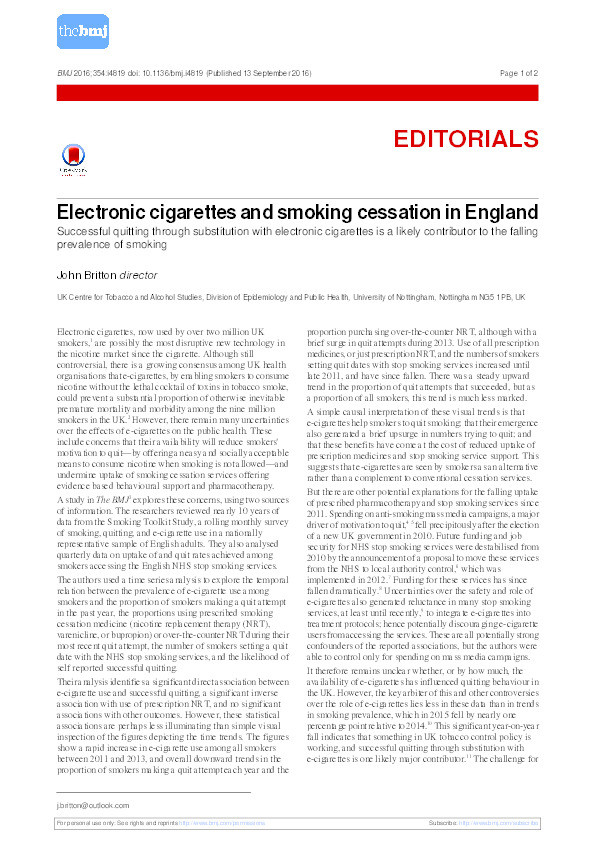 Electronic cigarettes and smoking cessation in England Thumbnail