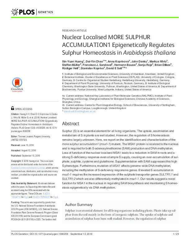 Nuclear localised more sulphur accumulation1 epigenetically regulates sulphur homeostasis in Arabidopsis thaliana Thumbnail