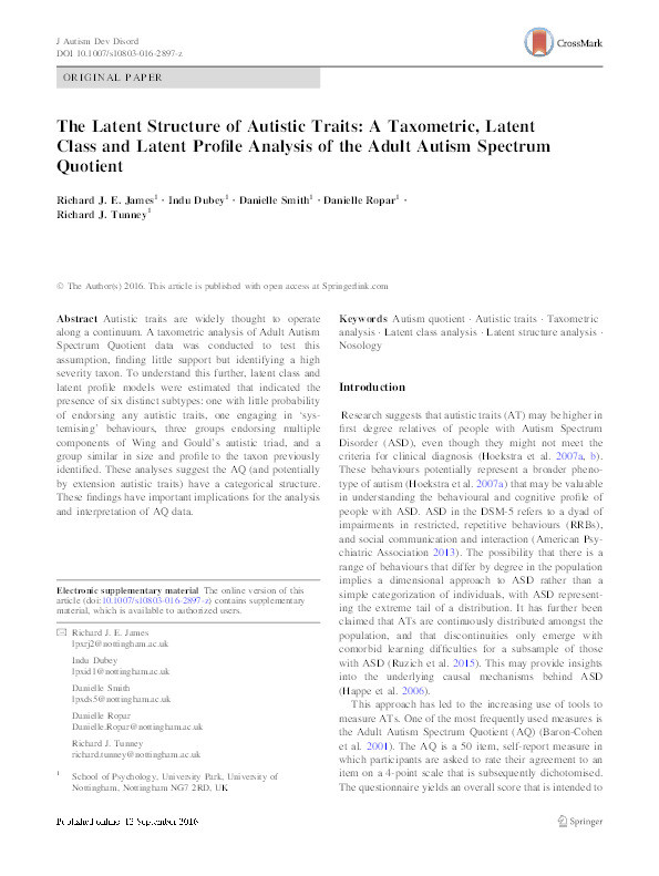 The Latent Structure of Autistic Traits: A Taxometric, Latent Class and Latent Profile Analysis of the Adult Autism Spectrum Quotient Thumbnail