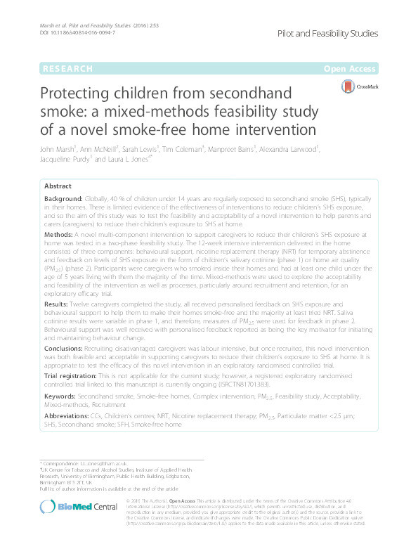 Protecting children from secondhand smoke: a mixed-methods feasibility study of a novel smoke-free home intervention Thumbnail