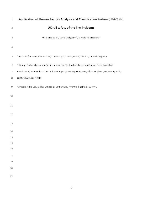 Application of Human Factors Analysis and Classification System (HFACS) to UK rail safety of the line incidents Thumbnail