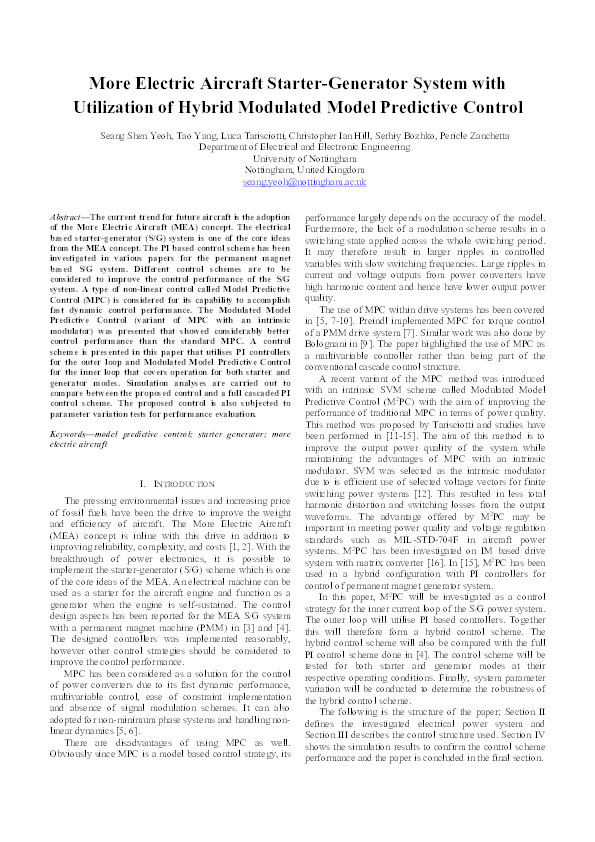 More electric aircraft starter-generator system with utilization of hybrid modulated model predictive control Thumbnail