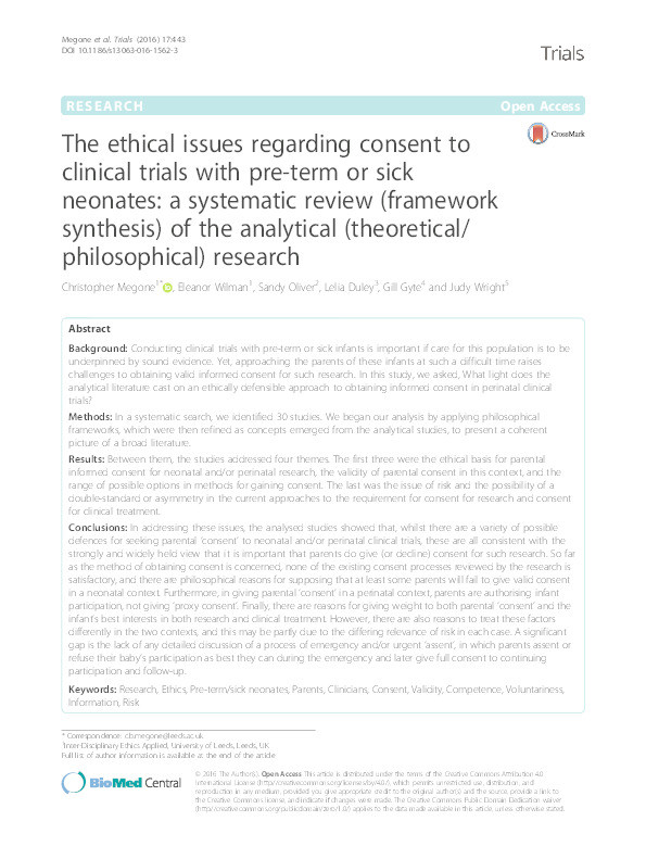 The ethical issues regarding consent to clinical trials with pre-term or sick neonates: a systematic review (framework synthesis) of the analytical (theoretical/philosophical) research Thumbnail