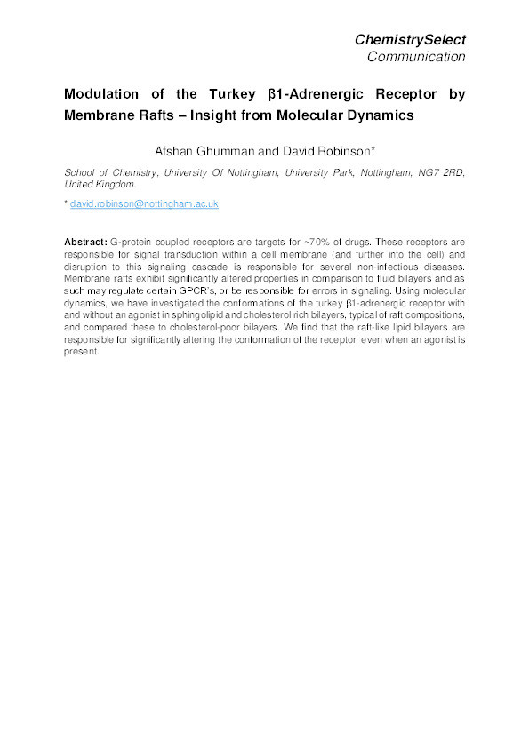 Modulation of the turkey ?1-adrenergic receptor by membrane rafts: insight from molecular dynamics Thumbnail