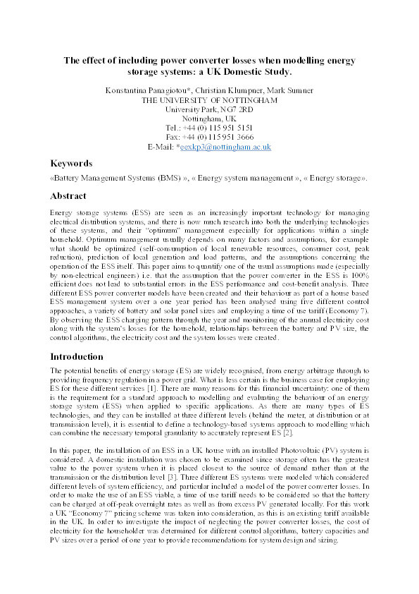 The effect of including power converter losses when modelling energy storage systems: a UK domestic study Thumbnail