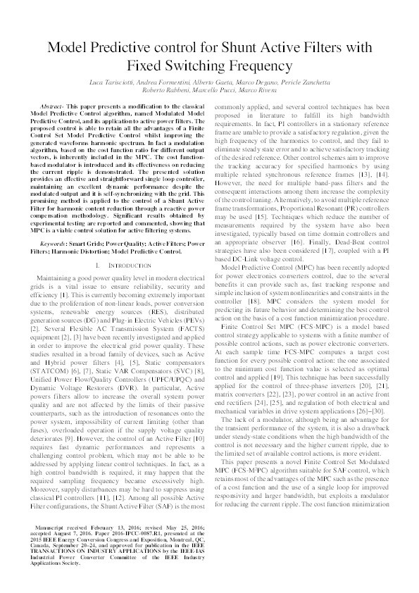 Model Predictive Control for shunt active filters with fixed switching frequency Thumbnail