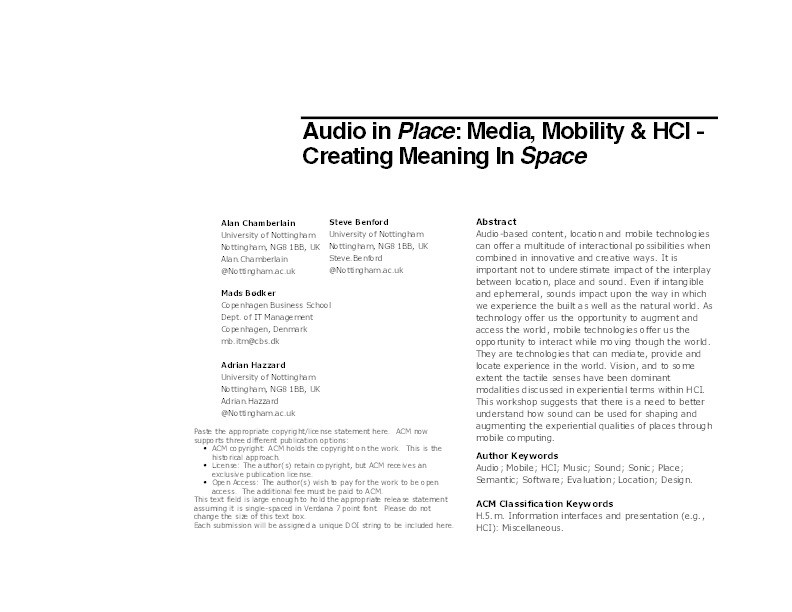 Audio in place: media, mobility & HCI: creating meaning in space Thumbnail