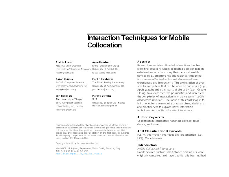 Interaction techniques for mobile collocation Thumbnail