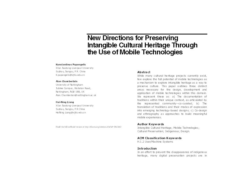 New directions for preserving intangible cultural heritage through the use of mobile technologies Thumbnail