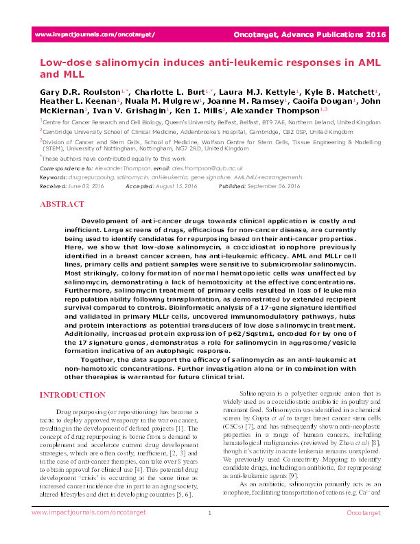 Low-dose salinomycin induces anti-leukemic responses in AML and MLL Thumbnail