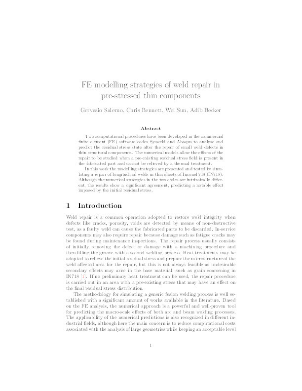 Finite element modelling strategies of weld repair in pre-stressed thin components Thumbnail