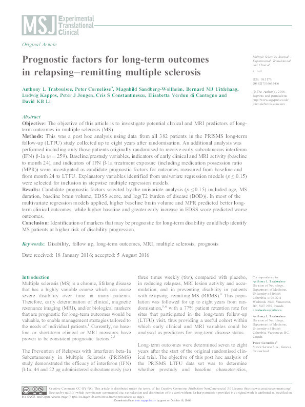 Prognostic factors for long-term outcomes in relapsing–remitting multiple sclerosis Thumbnail