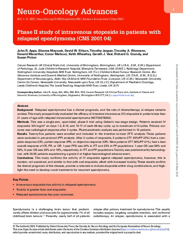 Phase II study of intravenous etoposide in patients with relapsed ependymoma (CNS 2001 04) Thumbnail