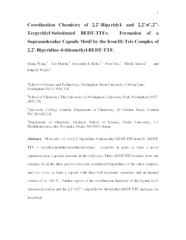 Coordination Chemistry of 2,2′-Bipyridyl- and 2,2′:6′,2″-Terpyridyl-Substituted BEDT-TTFs: Formation of a Supramolecular Capsule Motif by the Iron(II) Tris Complex of 2,2′-Bipyridine-4-thiomethyl-BEDT-TTF Thumbnail