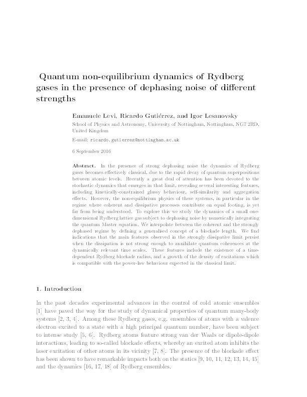 Quantum non-equilibrium dynamics of Rydberg gases in the presence of dephasing noise of different strengths Thumbnail