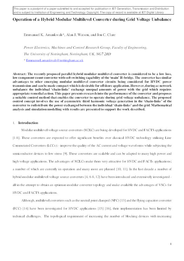 Operation of a hybrid modular multilevel converter during grid voltage unbalance Thumbnail