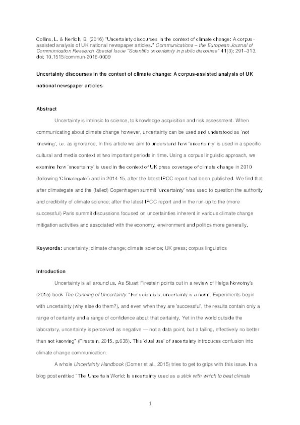 Uncertainty discourses in the context of climate change: a corpus-assisted analysis of UK national newspaper articles Thumbnail