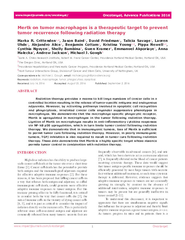 Mertk on tumor macrophages is a therapeutic target to prevent tumor recurrence following radiation therapy Thumbnail