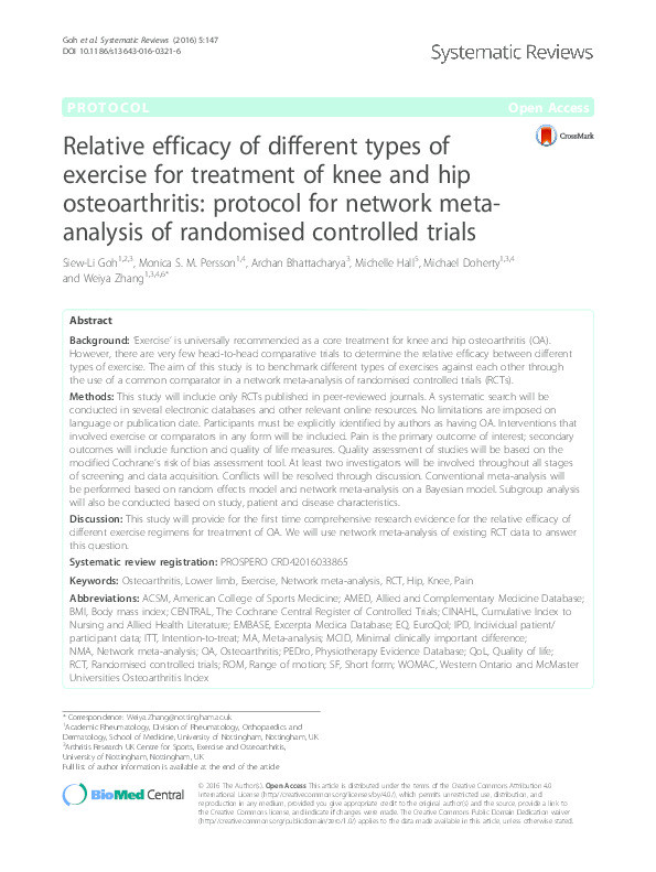 Relative efficacy of different types of exercise for treatment of knee and hip osteoarthritis: Protocol for network meta-analysis of randomised controlled trials Thumbnail