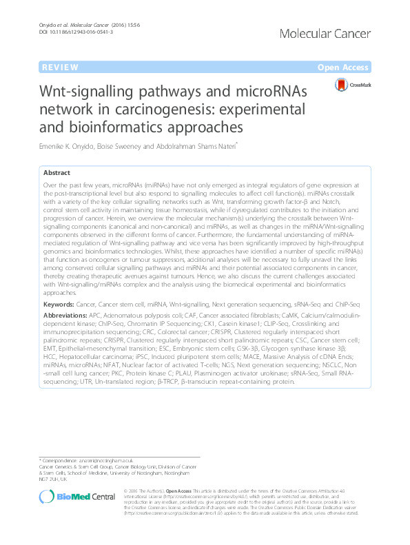 Wnt-signalling pathways and microRNAs network in carcinogenesis: experimental and bioinformatics approaches Thumbnail