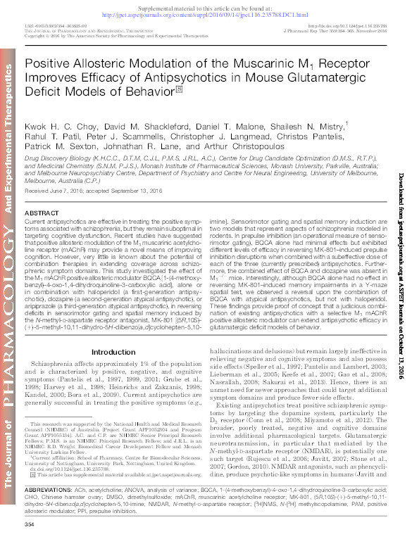Positive allosteric modulation of the muscarinic M1 receptor improves efficacy of antipsychotics in mouse glutamatergic deficit models of behavior Thumbnail