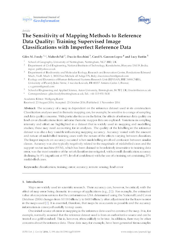 The sensitivity of mapping methods to reference data quality: training supervised image classifications with imperfect reference data Thumbnail