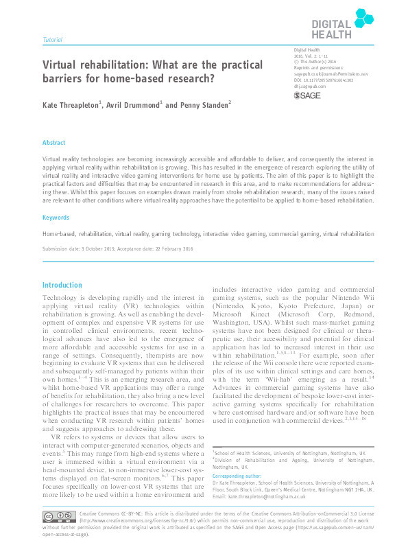 Virtual rehabilitation: what are the practical barriers for home-based research? Thumbnail