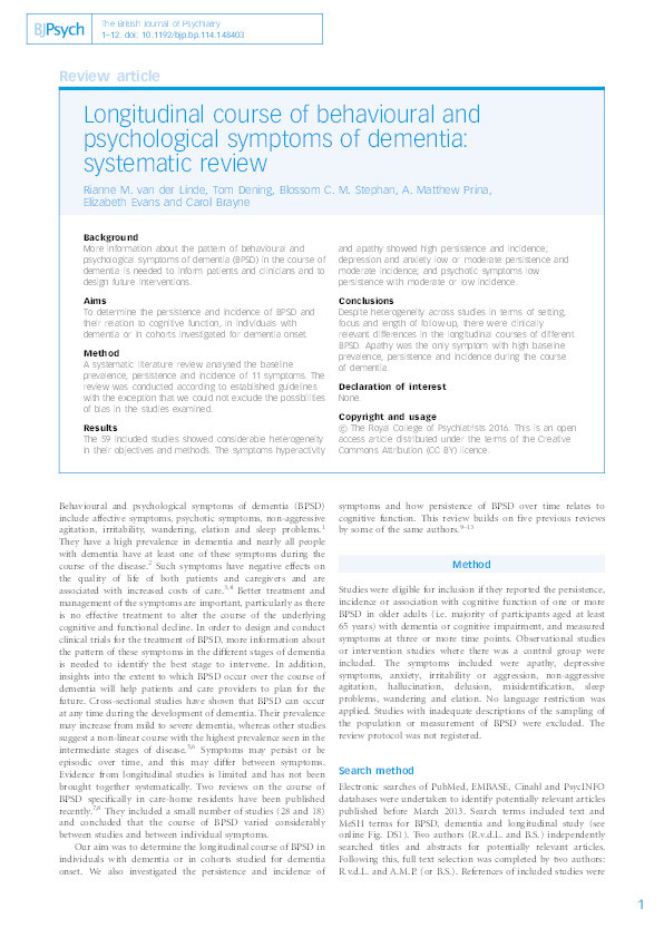 Longitudinal course of behavioural and psychological symptoms of dementia: systematic review Thumbnail