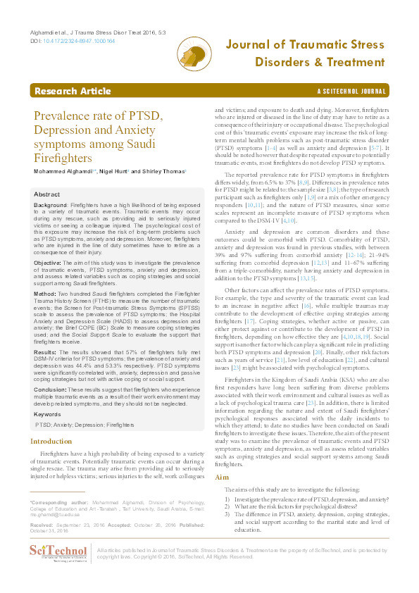 Prevalence rate of PTSD, depression and anxiety symptoms among Saudi firefighters Thumbnail
