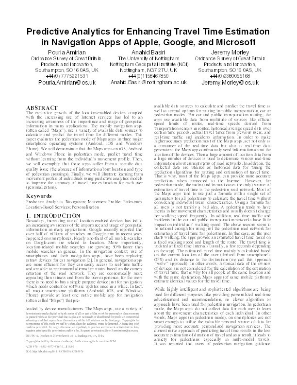 Predictive analytics for enhancing travel time estimation in navigation apps of Apple, Google, and Microsoft Thumbnail