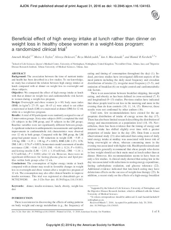 Beneficial effect of high energy intake at lunch rather than dinner on weight loss in healthy obese women in a weight-loss program: a randomized clinical trial Thumbnail