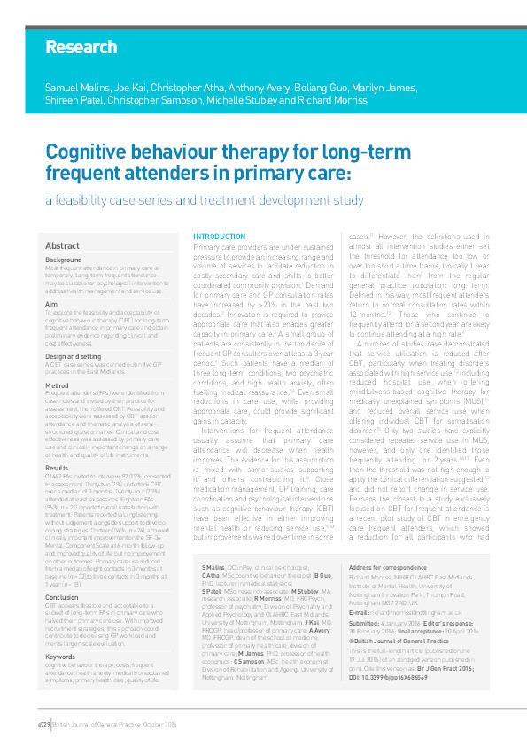 Cognitive behaviour therapy for long-term frequent attenders in primary care: a feasibility case series and treatment development study Thumbnail